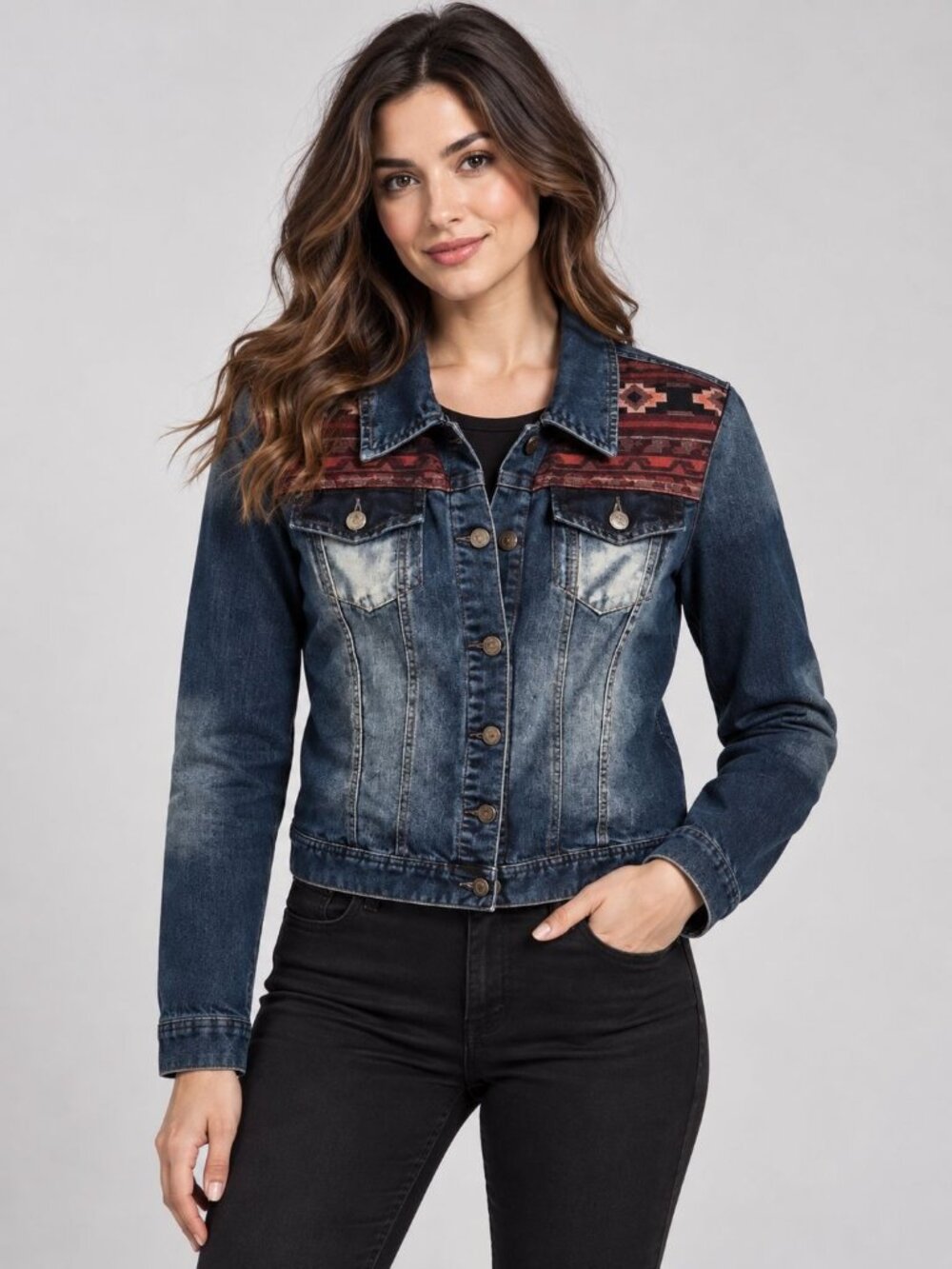 Mudd Women’s Dark Wash Denim Jacket Southwestern Print Cropped Trucker Medium